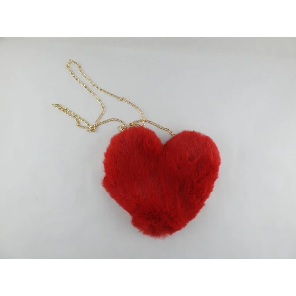 Red Faux Fur Heart Purse Crossbody Bag Gold Chain Zipper Closure Valentines - Picture 4 of 4